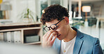 Business, headache and man in office, stress and mistake with debt, financial crisis and pain. Person, employee and consultant in workplace, migraine and fail with tax audit, fatigue and depression