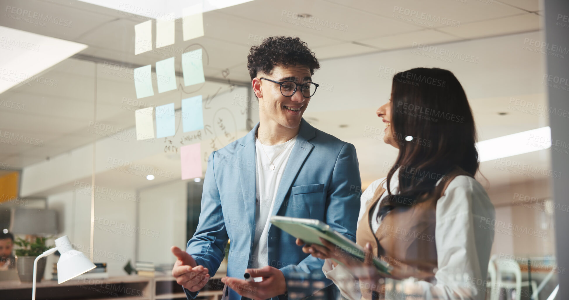 Buy stock photo Collaboration, storyboard and tablet with business people in office for brainstorming or planning. App, development and mindmap on glass wall with employee team in workplace for project management
