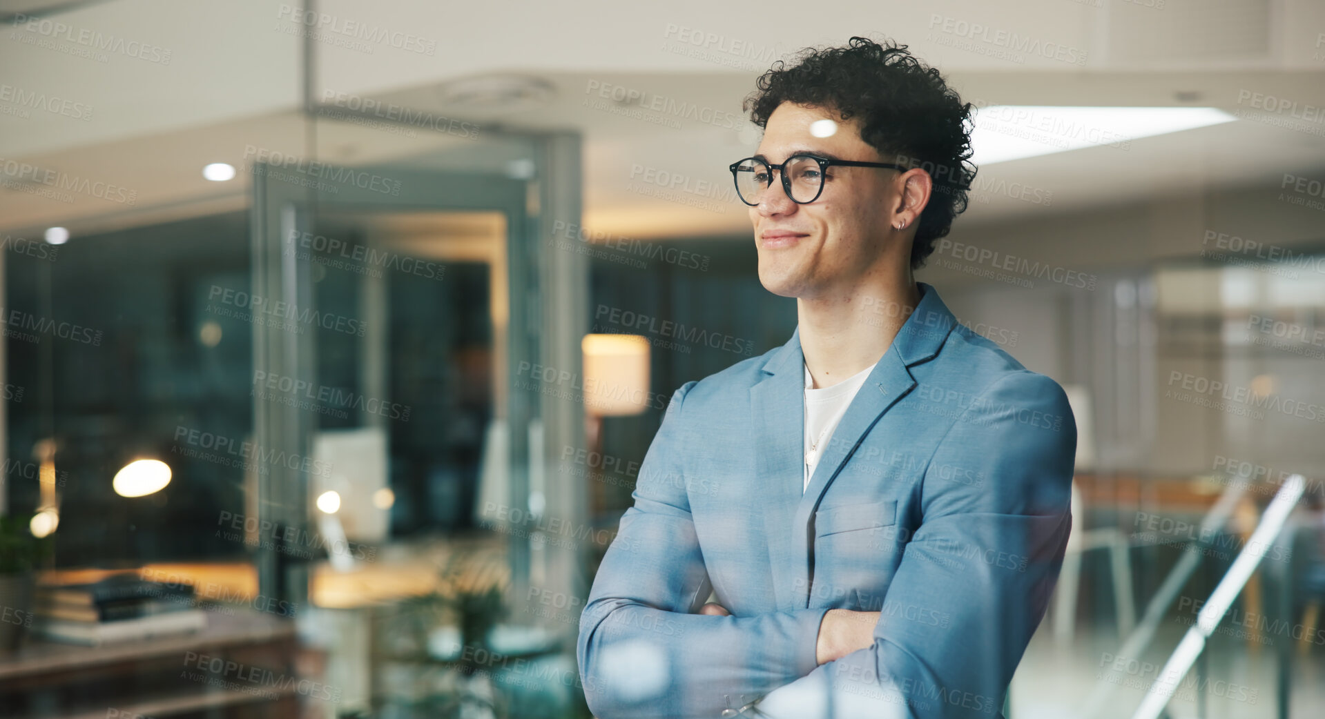 Buy stock photo Thinking, window and business man in office, proud reflection and vision for company growth. Ideas, ambition and manager with smile for corporate development, planning and dream for future success