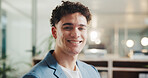 Portrait, business and man in office with flare, entry level and skill building in corporate journey. Confident, goals and intern in workplace with smile, job development or growth in career start.