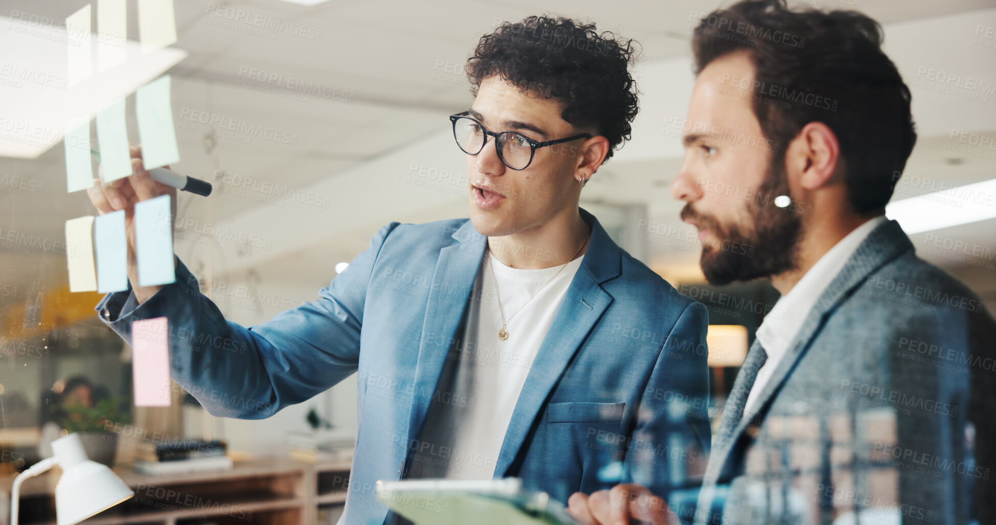 Buy stock photo Business people, partnership or sticky note in office with plan, strategy or brainstorming for idea. Corporate, collaboration or men in advertising company with tech, creative or schedule for project