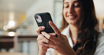 Buy stock photo Phone, smile and reading with business woman in office for event planning, venue coordinator and research. Timeline progress, convention schedule and bokeh with person in agency for guest list