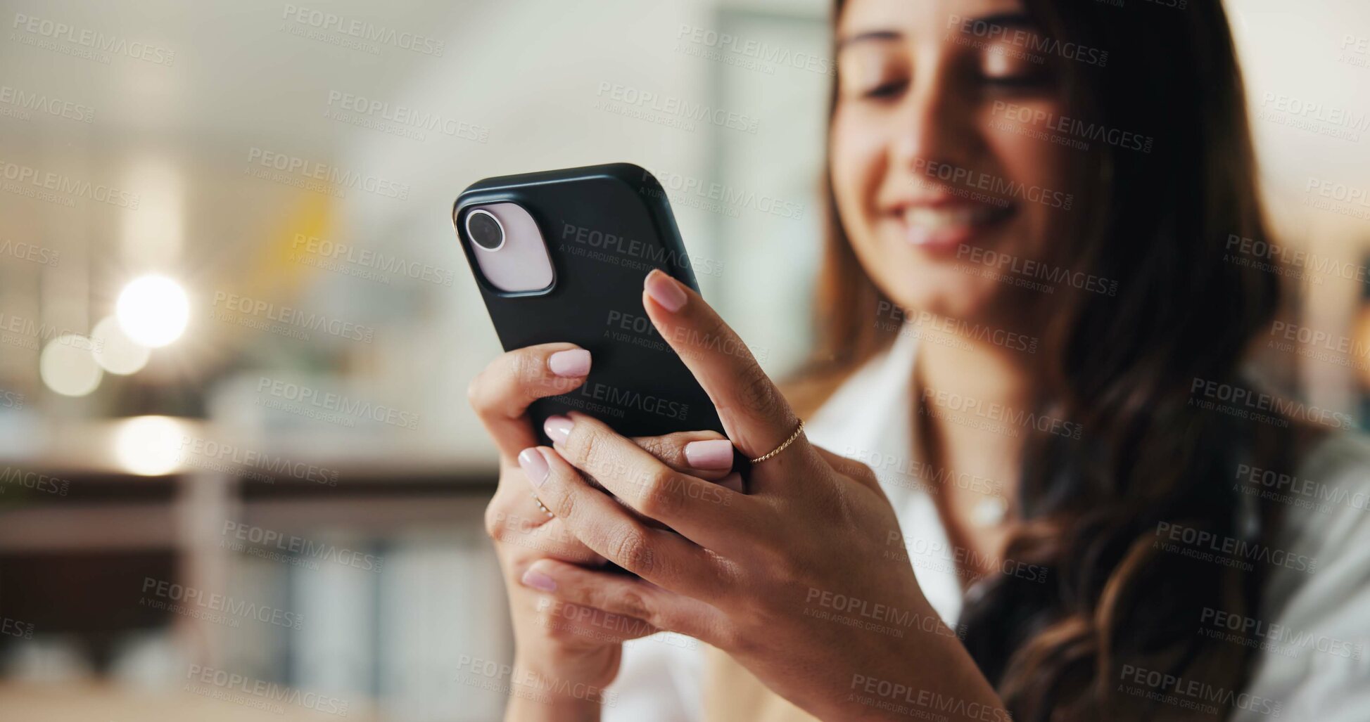 Buy stock photo Phone, smile and reading with business woman in office for event planning, venue coordinator and research. Timeline progress, convention schedule and bokeh with person in agency for guest list