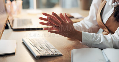 Buy stock photo Computer, hands and video call with business person at desk in office for feedback or update. Communication, explain and keyboard with employee speaking in workplace for virtual meeting or webinar