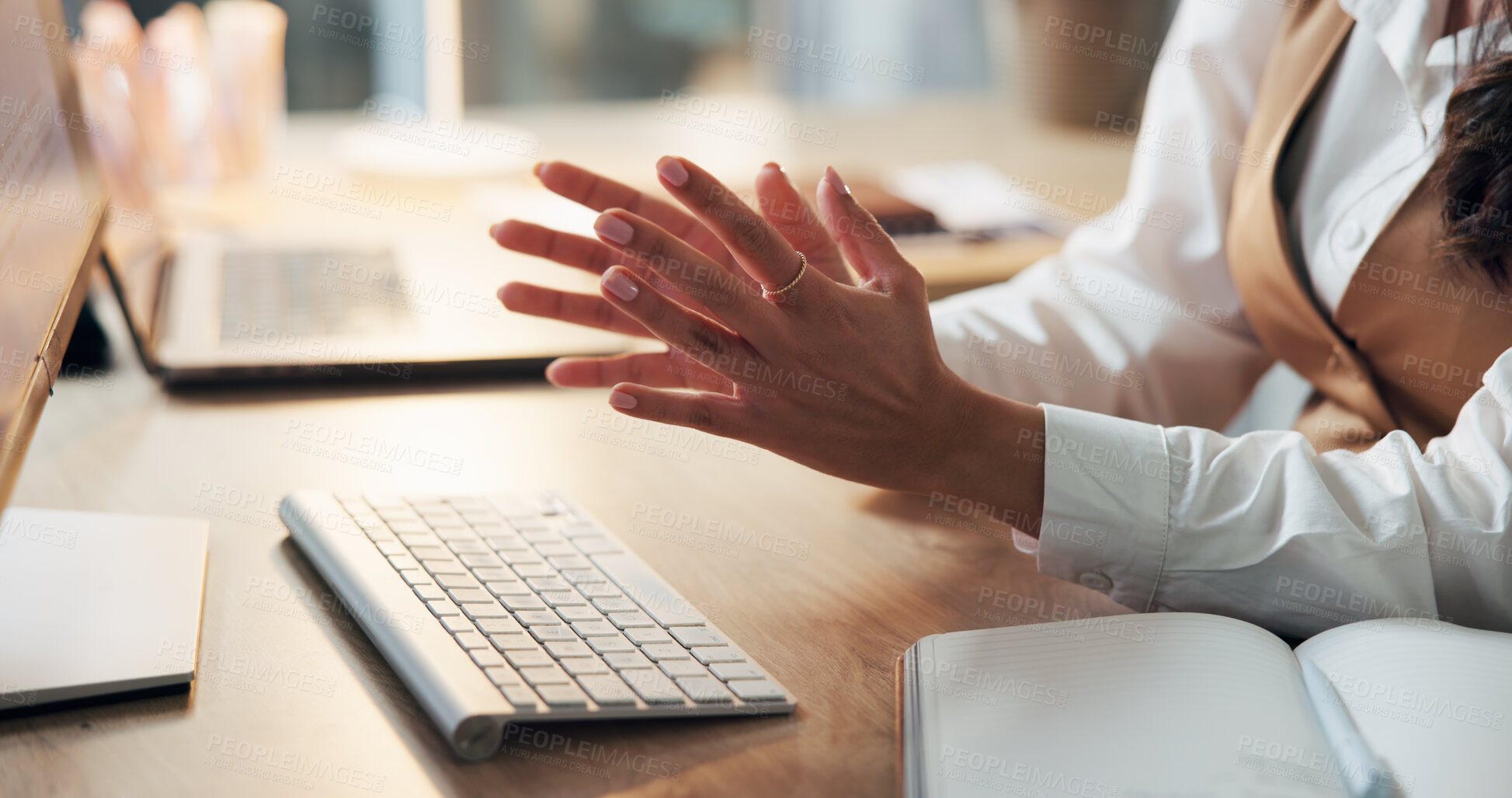 Buy stock photo Computer, hands and video call with business person at desk in office for feedback or update. Communication, explain and keyboard with employee speaking in workplace for virtual meeting or webinar