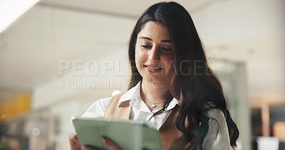 Buy stock photo Tablet, smile and reading with business woman in office for event planning, venue coordinator and research. Timeline progress, convention schedule and review with person in agency for guest list