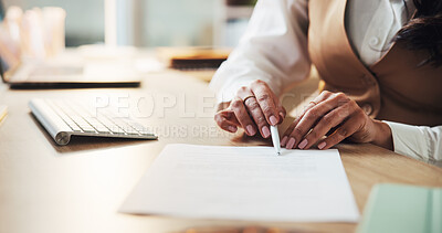 Buy stock photo Hands, document and review at office with notes, administration or privacy agreement at media agency. Person, journalist and paperwork for interview questions, feedback or list for article at company