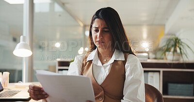 Buy stock photo Confused, business and woman with document in office to review report, draft mistake and fact check. Worry, journalist or reading paperwork for editor feedback, headline error and submission deadline