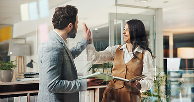 Buy stock photo High five, success or people in office with tablet, promotion or technology in marketing. Happy, hand gesture or winning bonus, good news or celebration in teamwork with target reach for business.