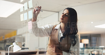Buy stock photo Business woman, strategy and writing on glass wall for brainstorming, agenda or insurance. Schedule, planning and notes with mind map in office for policy coverage, development or problem solving