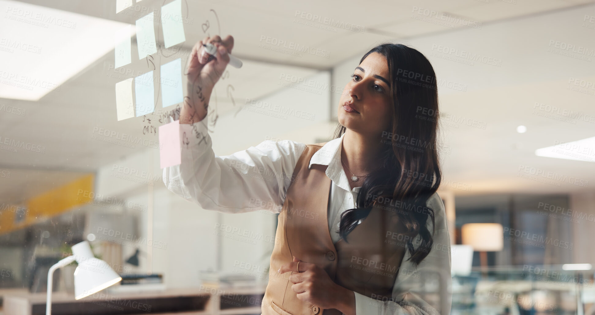 Buy stock photo Business woman, strategy and writing on glass wall for brainstorming, agenda or insurance. Schedule, planning and notes with mind map in office for policy coverage, development or problem solving