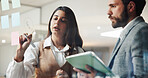 Collaboration, tablet and writing on storyboard with business people in office together for planning. App, brainstorming and glass wall with employee team in workplace for development or discussion
