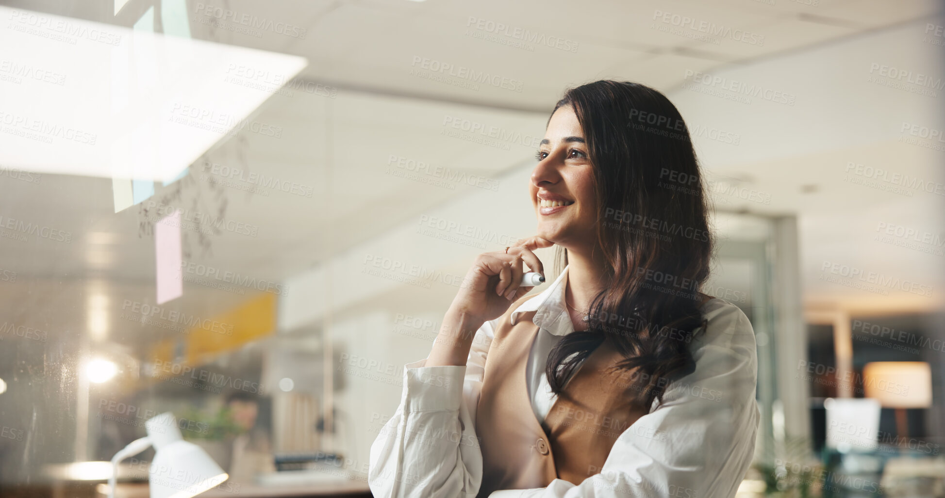 Buy stock photo Business, glass wall and woman with smile, thinking and ideas for creative proposal. Person, employee and consultant with happiness, problem solving and decision with confidence, choice and planning
