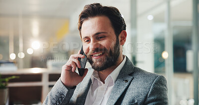 Buy stock photo Phone call, happy and businessman in office with communication, finance deal or connection. Smile, cellphone and male financial manager on mobile discussion for investment planning in workplace.