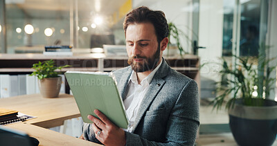 Buy stock photo Tablet, research and businessman in office with online communication for finance report. Digital technology, contact and male financial manager with email for investment proposal in workplace.