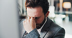 Headache, tired and businessman with stress, burnout or exhausted with overwork on computer. Migraine, fatigue and corporate employee with pain, mistake and brain fog with pressure issue in office