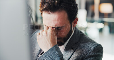 Buy stock photo Headache, tired and businessman with stress, burnout or exhausted with overwork on computer. Migraine, fatigue and corporate employee with pain, mistake and brain fog with pressure issue in office