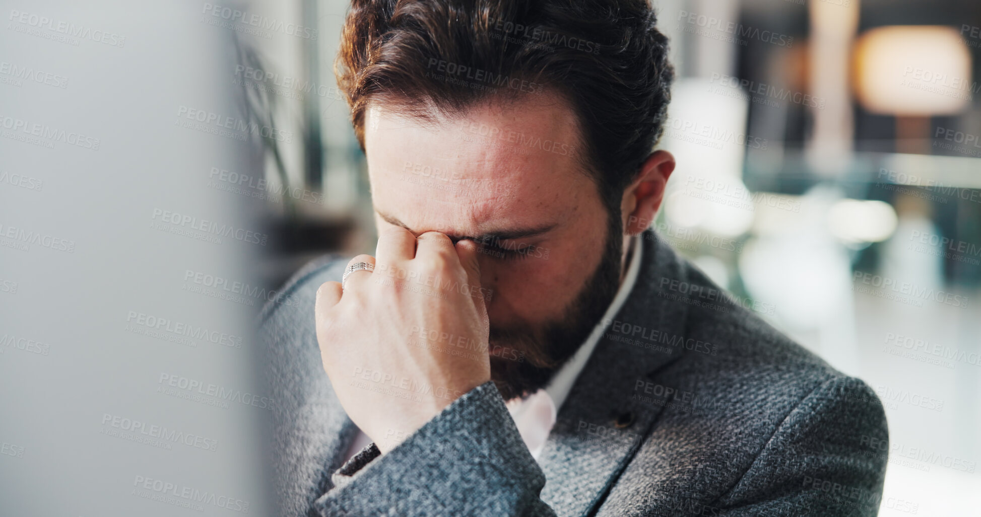 Buy stock photo Headache, tired and businessman with stress, burnout or exhausted with overwork on computer. Migraine, fatigue and corporate employee with pain, mistake and brain fog with pressure issue in office