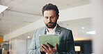 Tablet, research and businessman in office with communication online for finance report. Digital technology, contact and male financial manager with email for investment proposal in workplace.