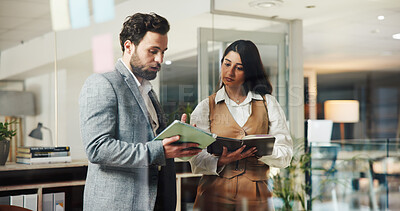 Buy stock photo Business people, meeting and report with tablet in office for notebook, document feedback and schedule advice. Employees, digital tech and night for proposal planning, agenda or briefing conversation