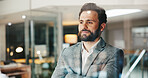 Thinking, business and man in office with arms crossed, planning or ideas for project management. Reflection, confident and person in workplace with vision, opportunity or insight in marketing agency