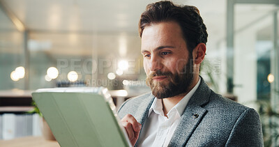 Buy stock photo Tablet, reading and businessman in office with online communication for finance report. Digital technology, contact and male financial manager with email for investment proposal in workplace.