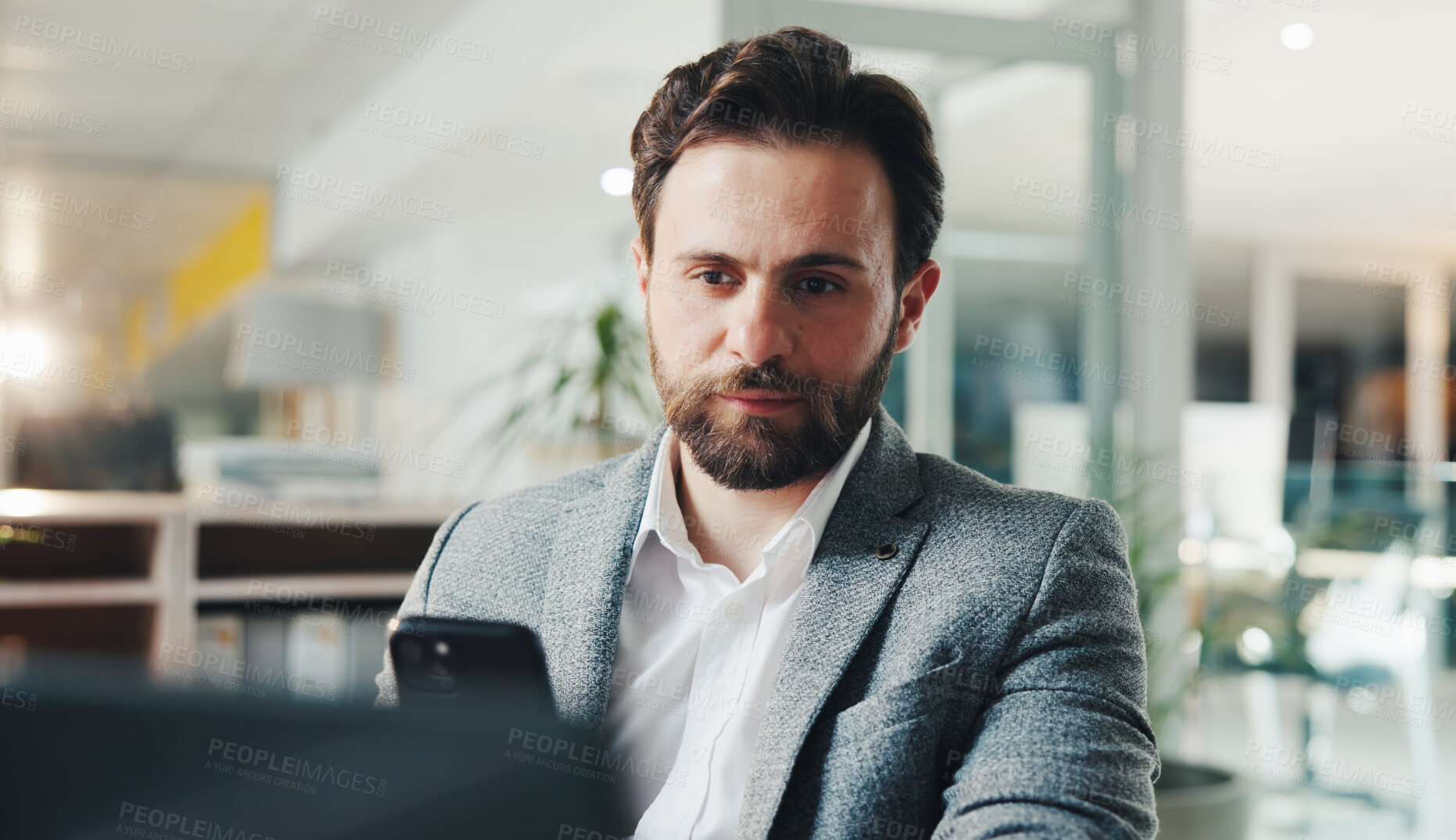 Buy stock photo Research, planning or man in office with phone, business trends or trading. Thinking, reading or person in finance with tech, plan or budget on website with choice, online and investment in industry