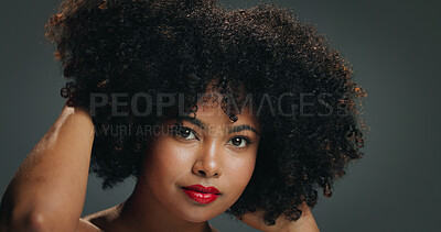 Buy stock photo Hair, makeup and portrait of woman in studio for afro volume, beauty or cosmetic treatment. Aesthetic, growth and shampoo with serious African model isolated on gray background for haircare results