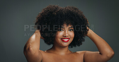 Buy stock photo African woman, natural hair and portrait with smile in studio for texture, haircare and cosmetics. Red lipstick, beauty and afro of girl on gray background with shine, moisture and healthy growth