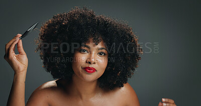 Buy stock photo African woman, hair comb and portrait with smile in studio for texture, haircare and cosmetics. Red lipstick, beauty and afro of girl on gray background with shine, maintenance and healthy growth