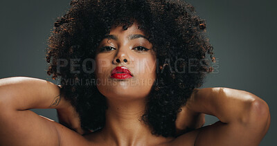 Buy stock photo Attitude, hair and portrait with woman in studio for beauty, cosmetics or makeup satisfaction. Afro, lipstick and shampoo with proud African model isolated on gray background for haircare results
