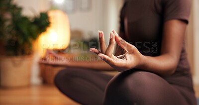 Buy stock photo Hands, meditation and yoga with woman on floor in home for awareness, balance or zen closeup. Inner peace, mudra and relax with yogi person in apartment for mental health exercise or mindfulness