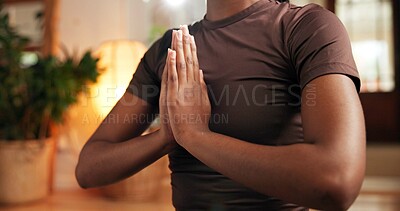 Buy stock photo Hands, meditation and yoga with woman in home for awareness, balance or mindfulness closeup. Inner peace, prayer position and relax with person in apartment for mental health exercise or zen
