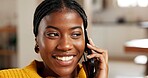 Home, phone call and happy black woman listen to story, communication or chat with contact. Smile, mobile and person talk for connection, networking or conversation with feedback for gossip update
