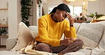 Black woman, sofa or anxiety with stress for pregnancy test, doubt or regret in home. Female person, worry or concern with unplanned fertility, mistake or maternity stick for negative result in house