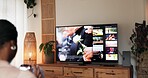 TV screen, relax and back of woman watching movie, film or show in living room on weekend. Decision, entertainment and female person with choice for online series on streaming subscription in home.