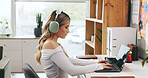 Home office, laptop screen and woman with headphones for typing online, blog post or editing. Freelance work, technology and person with connection for content creation, writing or podcast search