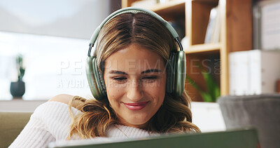 Buy stock photo Happy, woman and headphones with tablet at house for streaming, social media and listening to music. Smile, female person and digital for movie search, film audio and playlist sound in living room