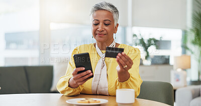 Buy stock photo Senior woman, smartphone and credit card in home with online shopping, bills or easy payment on web. Person, phone and smile for discount, sale and fintech for e commerce with mobile app in house