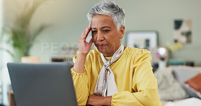 Buy stock photo Stress, headache and mature woman at home with laptop,  financial crisis and thinking in retirement. Frustrated, person or reading on internet with bills, expenses and planning on web for bank loan