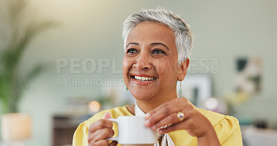 Buy stock photo Thinking, senior and woman with coffee for reflection, happy memory or nostalgia in living room. Smile, elderly or female person in home with herbal tea, morning thoughts or idea contemplation