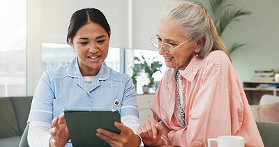 Buy stock photo Tablet, caregiver and senior woman in home for conversation, assisted living or check results. Happy nurse, elderly patient and tech for medical news, healthcare report or wellness info in retirement