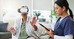 Healthcare, tablet or virtual reality with nurse and old woman in home for cognitive rehabilitation. App, medical or vr headset with caregiver and senior patient in apartment for reminiscence therapy