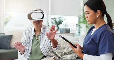 Buy stock photo Healthcare, tablet or virtual reality with nurse and old woman in home for cognitive rehabilitation. App, medical or vr headset with caregiver and senior patient in apartment for reminiscence therapy