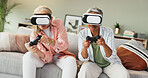 Virtual reality, video game and senior women on couch with 3d technology, controller and fun in living room. VR, friends and people on sofa in home with gaming console, AI simulation or entertainment