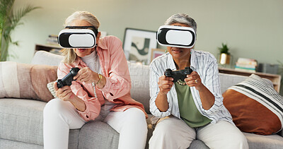 Buy stock photo Virtual reality, video game and senior women on couch with 3d technology, controller and fun in living room. VR, friends and people on sofa in home with gaming console, AI simulation or entertainment