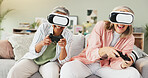 Senior women, video game and VR on sofa with smile, challenge and metaverse with friends in retirement. People, happy and augmented reality with console, play or contest with strategy at nursing home