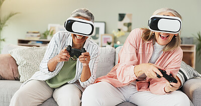 Buy stock photo Senior women, video game and VR on sofa with smile, challenge and metaverse with friends in retirement. People, happy and augmented reality with console, play or contest with strategy at nursing home