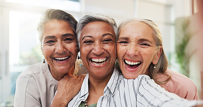 Buy stock photo Portrait, friends and mature women with selfie in home, bonding and support in digital memories. Happy, virtual and retirement in lounge with POV, moment capture and closeness for social media.