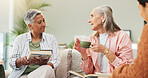 Meeting, senior and women in book club with coffee, discussion and conversation in retirement home. Hobby, elderly and female people in reading group with tea, novel review and story recommendation